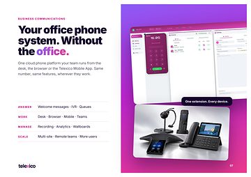 Brochure page 7 — cloud phone system on desk, browser and mobile