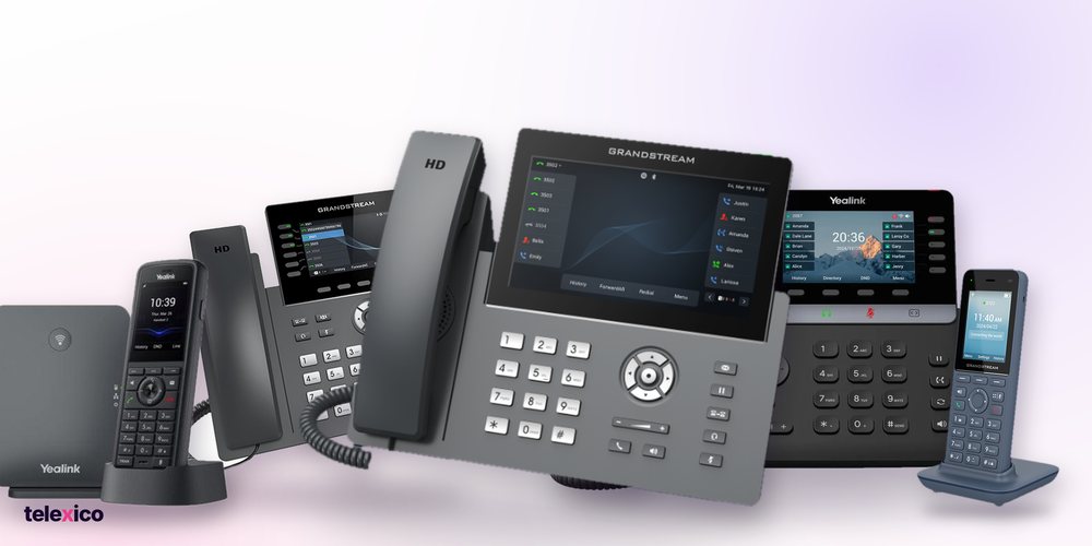 The Telexico handset range: Yealink W74P DECT, Grandstream GRP2616, GRP2670 touch screen, Yealink SIP-T74W and Grandstream WP826 Wi-Fi handset