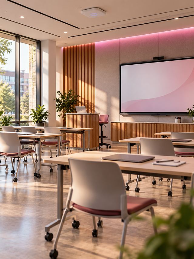 Modern classroom with an interactive display at the front