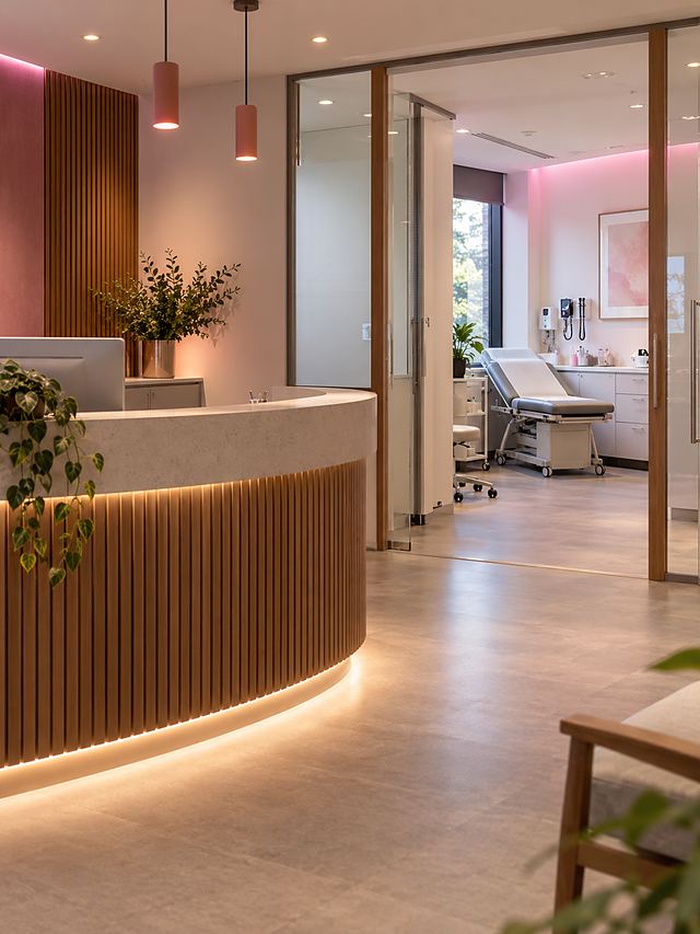 Private clinic reception with a treatment room beyond