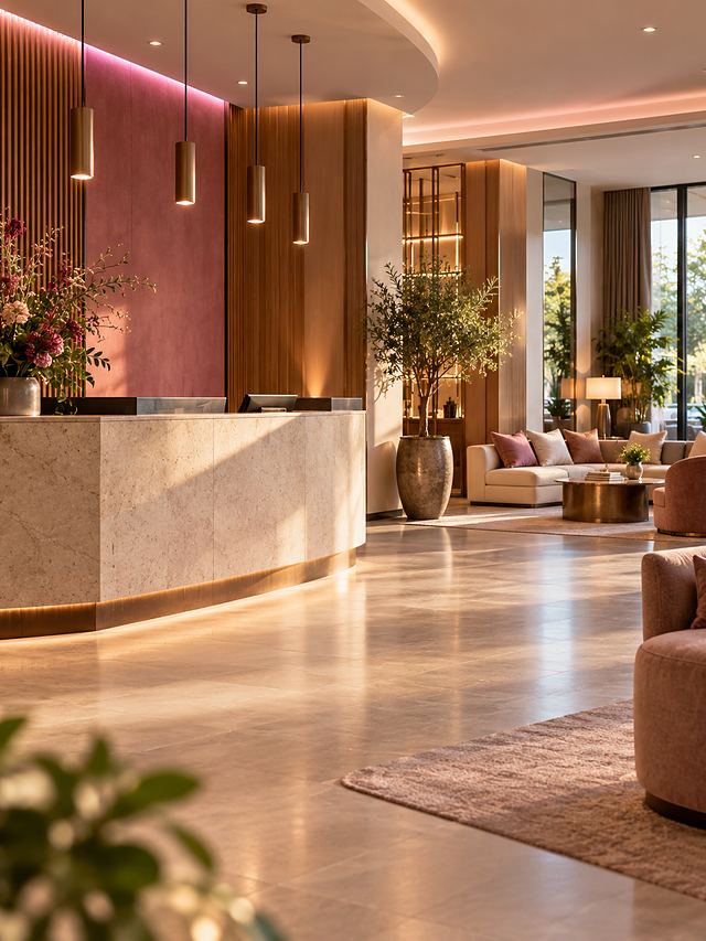 Hotel lobby reception desk with lounge seating beyond