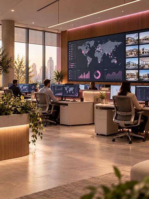 Operations room with a UK map showing connected sites across wall screens