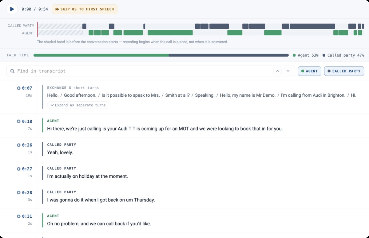 Telexico portal: a call transcript with a speaker timeline, talk-time split, find-in-transcript search and speaker-labelled turns with click-to-play timestamps