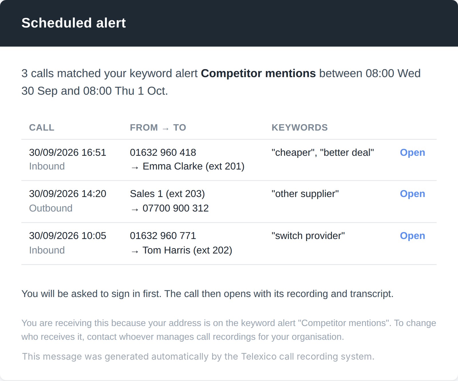 A scheduled summary alert email listing three matching calls with the words heard and a link to open each call