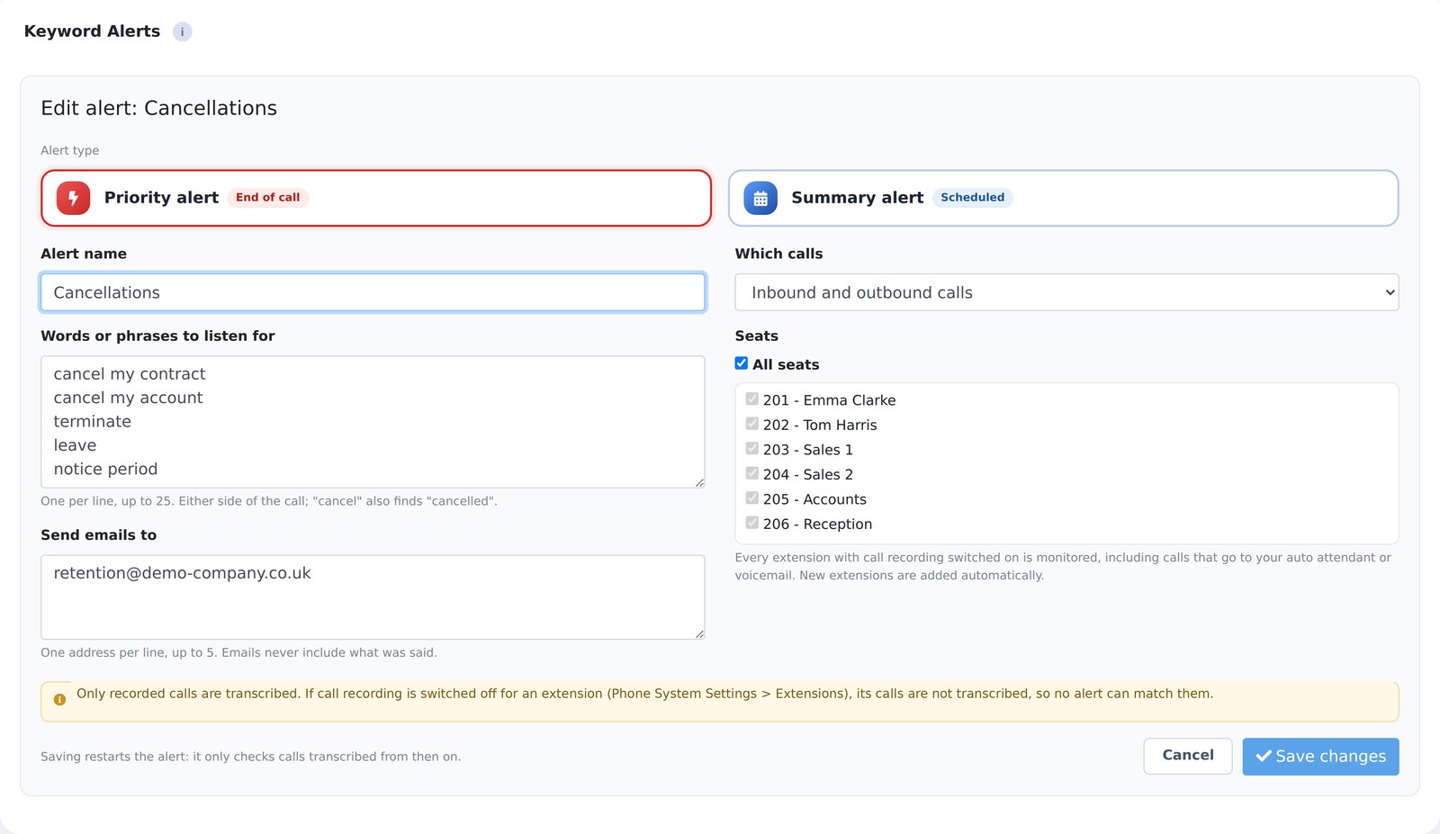 Telexico portal: editing a priority alert, with the words to listen for, who to email and which extensions