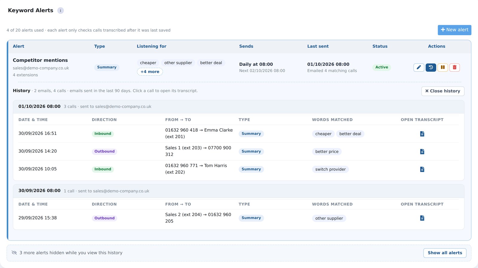 Telexico portal: keyword alert history showing the emails sent and the matched calls with links to their transcripts