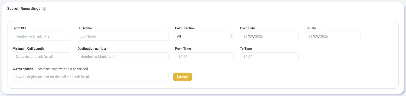 Telexico portal: Search Recordings with the Words spoken field alongside number, direction, date, time and call length