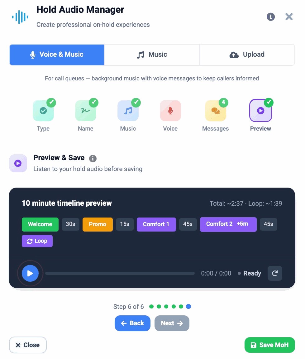 Telexico Audio Studio: the 10-minute hold timeline with welcome, promo and looping comfort messages