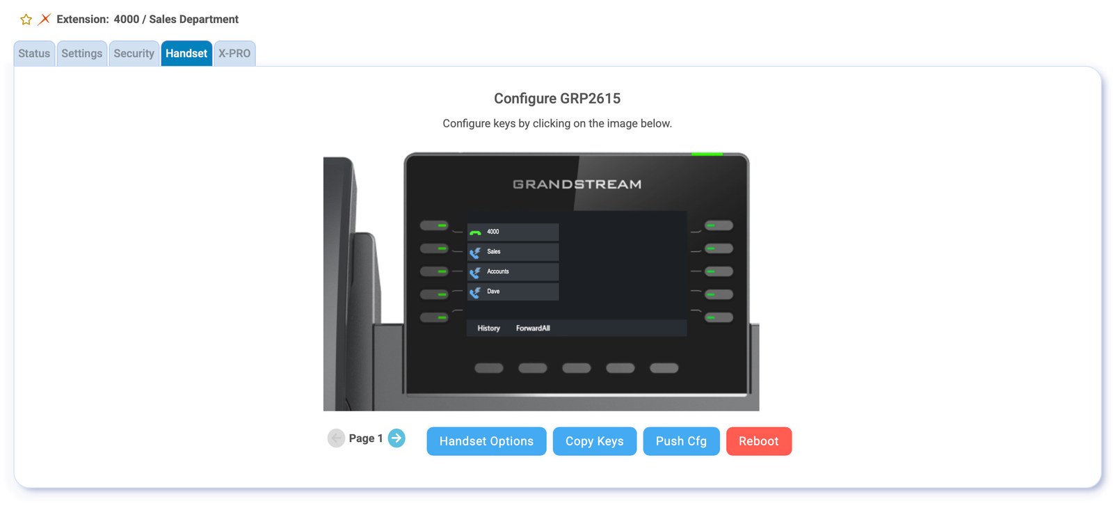 Telexico portal: configuring the keys of a Grandstream GRP2615 by clicking on the handset image