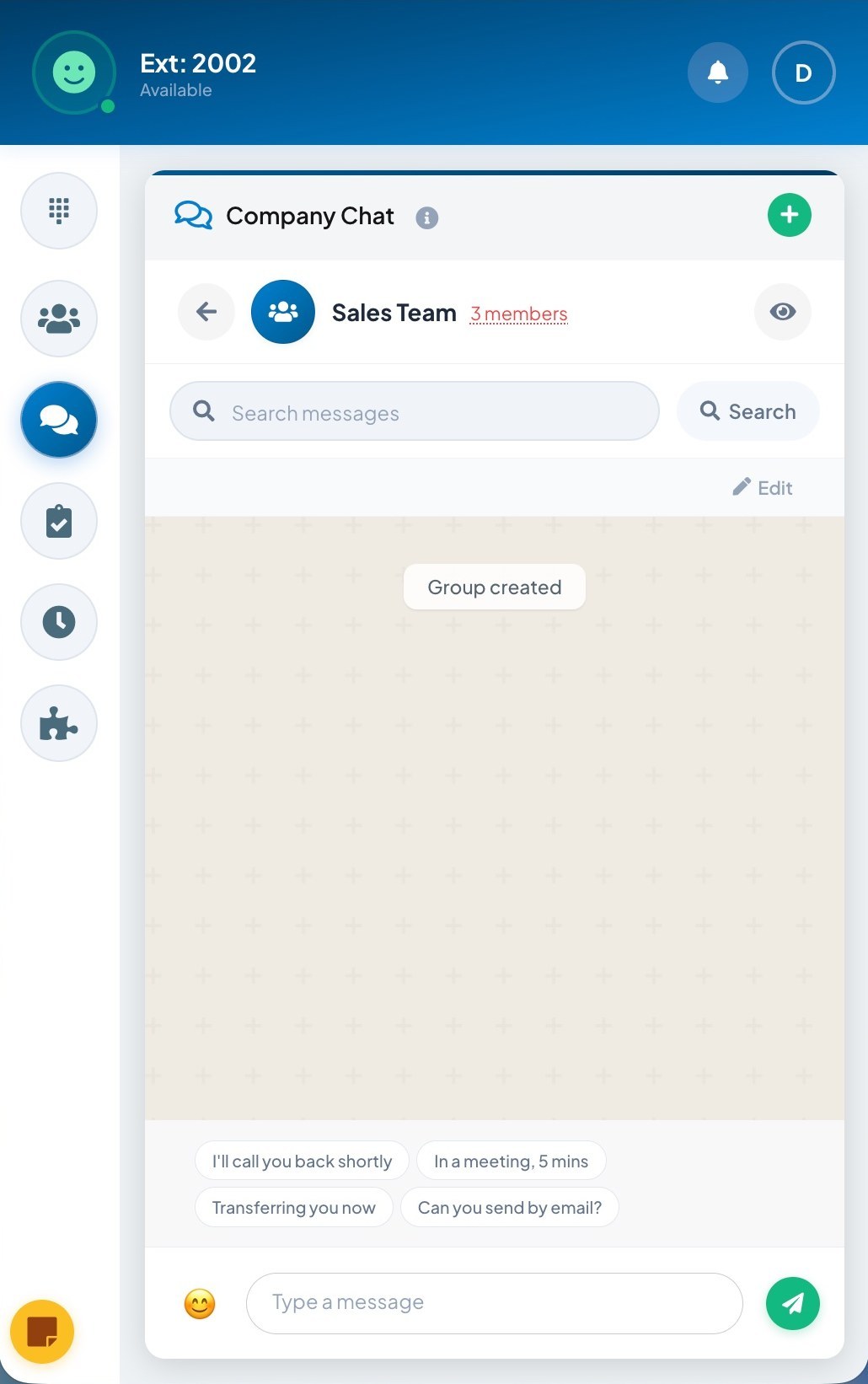 Telexico Web UC compact popup: quick replies, ready to send
