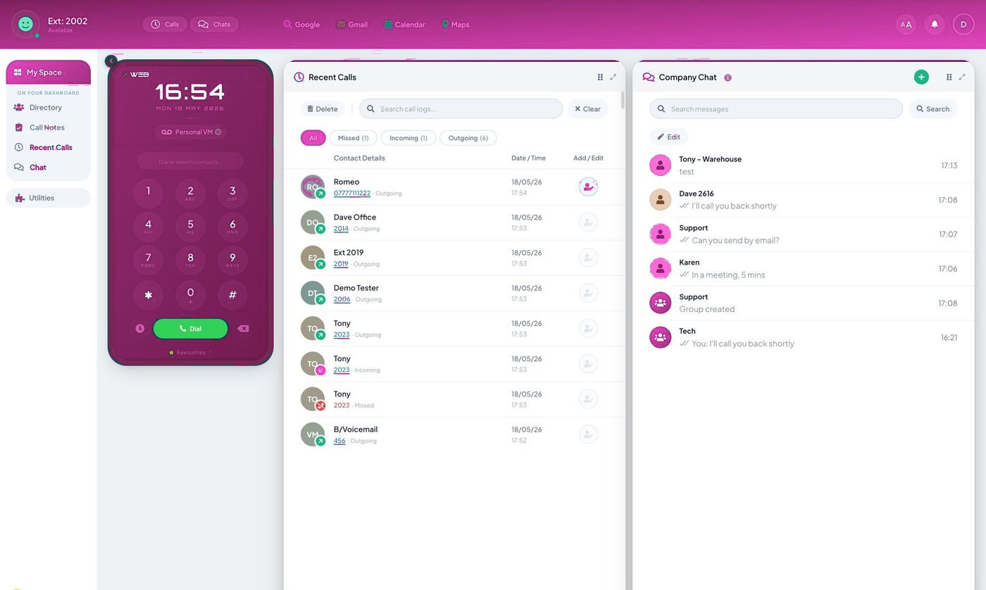 Telexico Web UC: recent calls and company chat