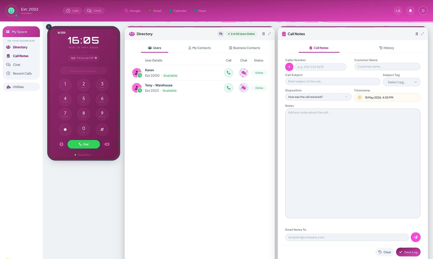 Telexico Web UC: keypad, directory and call notes in the browser
