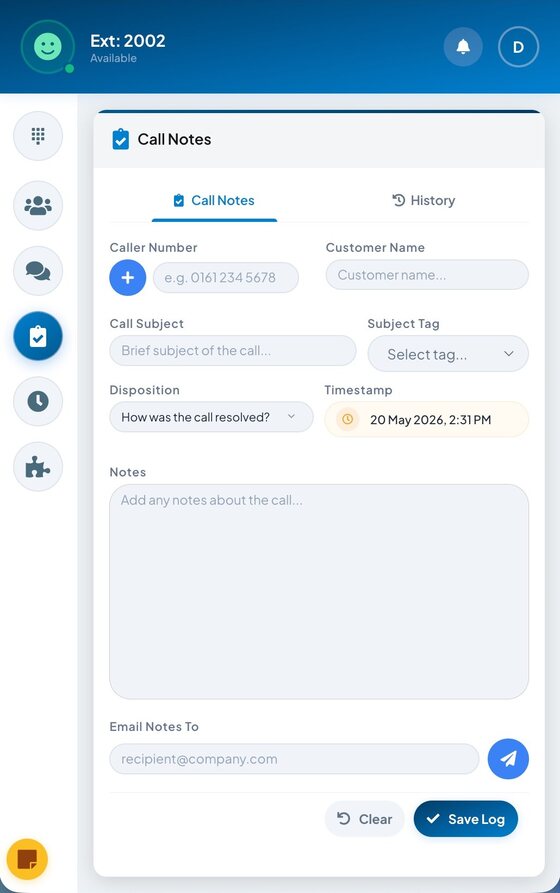 Telexico Web UC call notes panel to log caller, subject, disposition and email the note