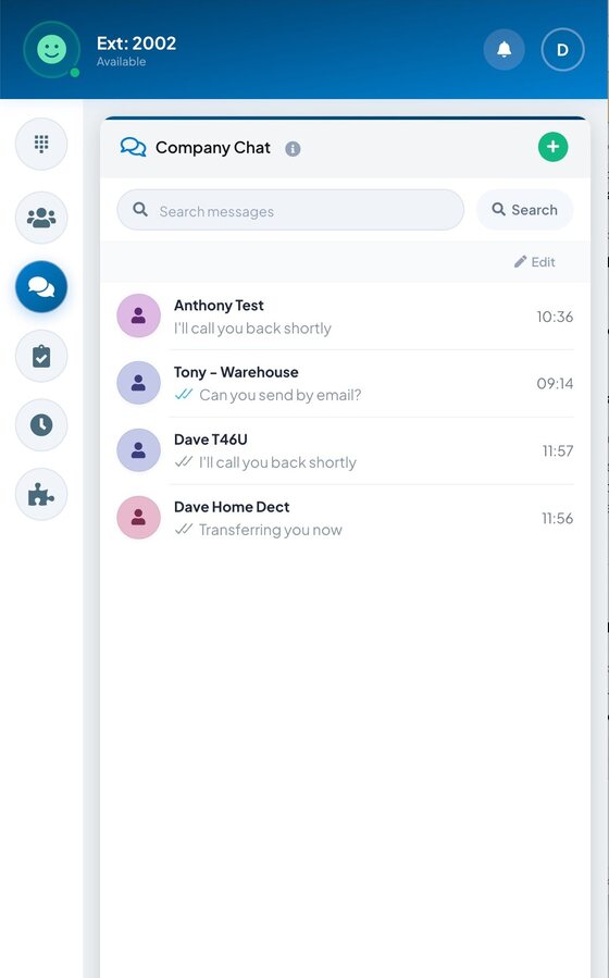 Telexico Web UC company chat panel with team messages and read receipts