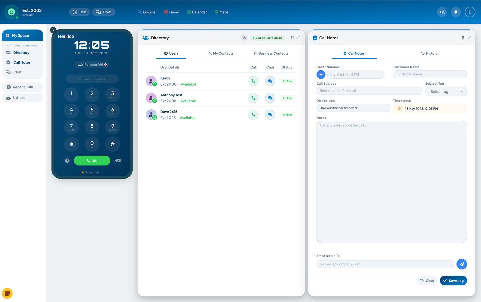 Telexico Web UC browser softphone dashboard — dialpad, live directory and call notes