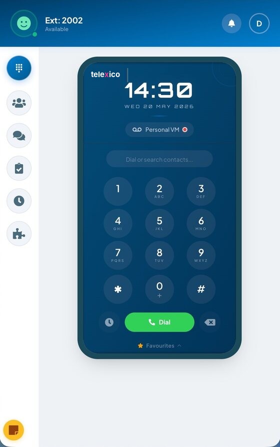 Telexico Web UC dialpad panel for calls, transfers and conferencing